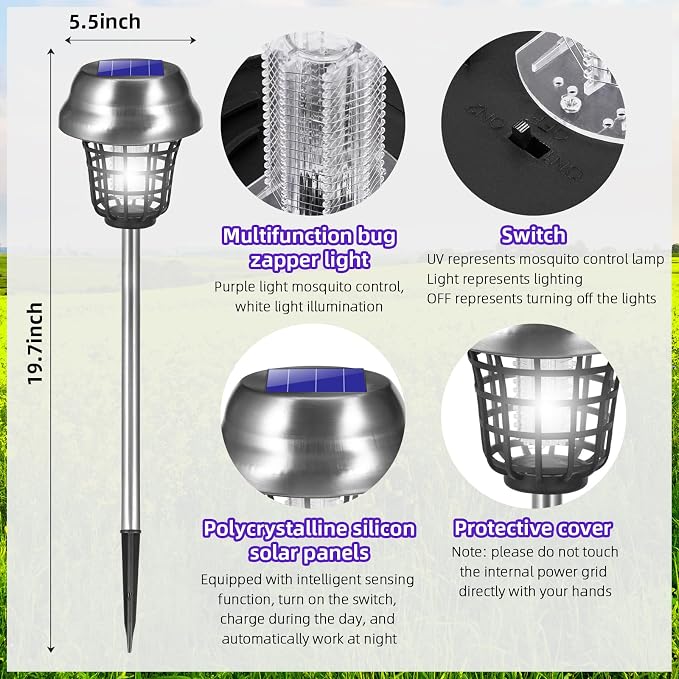 Solar Bug Zapper Outdoor Waterproof Mosquito Repellent Outdoor Patio Mosquito Trap & Killer for Backyard, Farm, Garden, 2026 Solar Powered Fly Zapper for Small Flying Insect, Gnats, Flies, Moths(4)