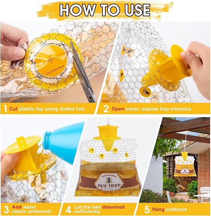4 Pack Fly Traps Outdoor Hanging for Patio, Flies Bags Outdoor Disposable with 30g Bait, Bug Fly Hunter Catcher Killer Control for Barn Horse Ranch Chicken Coop
