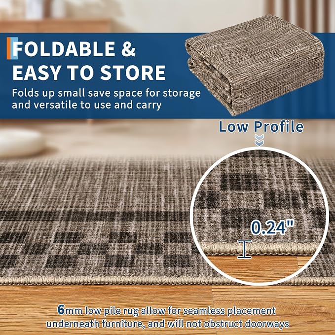 GarveeHome Machine Washable 5x7 Area Rugs Modern Bordered Living Room Rug | Non Slip Checkered Geometric Bedroom Throw Carpet Soft Neutral Rugs for Dining Room Nursery Home Office, Brown