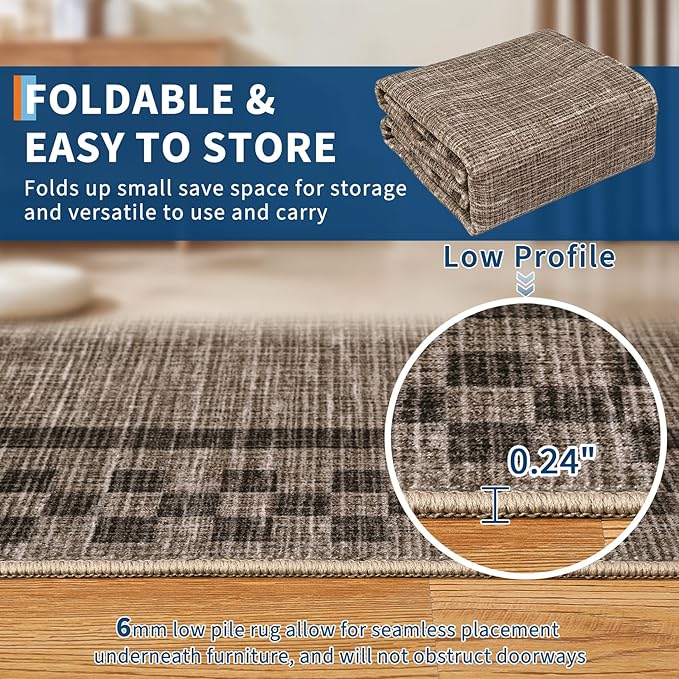GarveeHome Runner Rug 2x6 for Kitchen Non Slip Washable Hallway Runner Rugs | Modern Bordered Bathroom Throw Mat Soft Non Shedding Checkered Runners Geometric Area Rug for Bedside Living Room, Brown