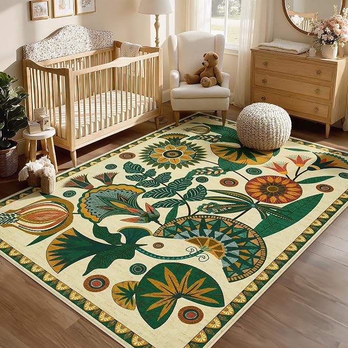 Joydeco Washable Egypt Floral Beige 5x7 Area Rugs for Living Room Bedroom | Boho Botanical Colorful Non Slip Stain Resistant Flower Indoor Carpet for Dining Room Office Entryway Guest Room Playroom