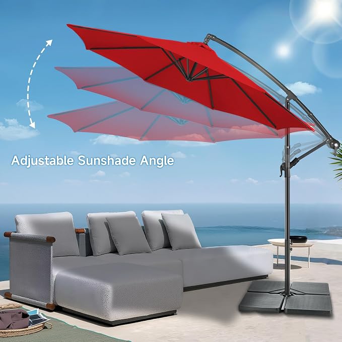 Offset Patio Umbrella Cantilever - 10 FT Cantilever Umbrella Outdoor with Crank and Cross Base, UV Protection Large Patio Umbrella for Garden, Deck, Backyard, Pool, Porch (Red)
