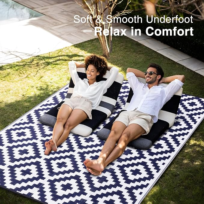 OLANLY Waterproof Outdoor Rug 9x18 ft, Outdoor Plastic Straw Rug for Camping, RV Mat Outside, Indoor Outdoor Carpet for Porch, Deck, Backyard, Balcony, Picnic, Navy & White