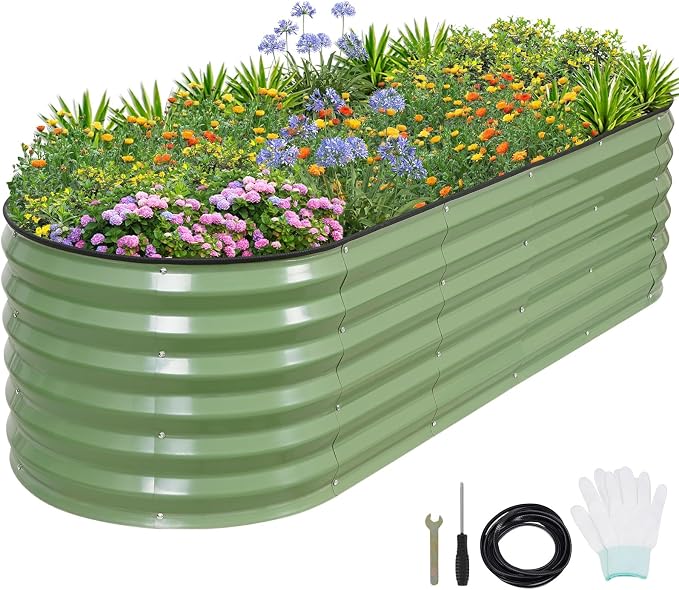 1MORE Galvanized Raised Garden Bed- Planter Garden Boxes Outdoor, Raised Beds for Gardening, 6x2x1.4ft Metal Garden Bed Kit for Vegetables Flower, Planter Raised Bed with Protective Tape & Tools.Green