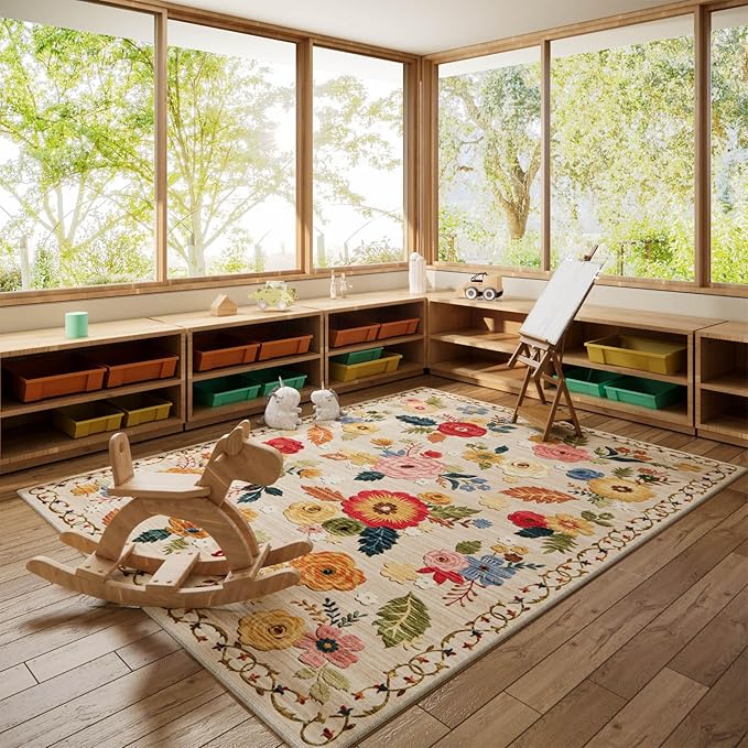 5x7 Area Rugs for Living Room: Machine Washable Rug for Bedroom Non Slip Low Pile Soft Faux Wool Non Shedding Distressed Vintage Floral Carpet for Dining Room Kitchen Entryway Farmhouse Office Indoor