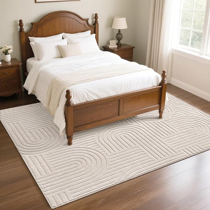 SHACOS Soft Cozy Fluffy Arch Rugs 4'x5'3" Non Slip Washable Modern Geometric Area Rug High Low Pile Stain Resistant Contemporary Carpet for Living Room Bedroom Dining Room, Beige