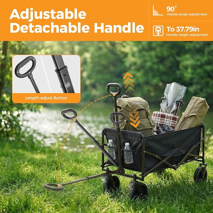 NEWBULIG Collapsible Wagon Cart, 102L Standard, Portable Heavy Duty Pull Cart with Lockable Wheels, 330 lbs Capacity, Adjustable Handle for Beach, Sports, Camping, Shopping & Garden, Black