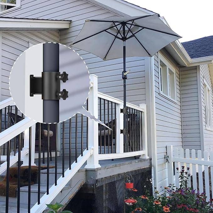Deck Umbrella Mount Stainless Steel Patio Umbrella Holder, Umbrella Clamp Mount for Deck Railing Heavy Duty Outdoor Umbrella Clamp, Black
