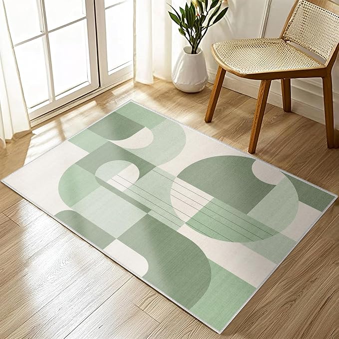 2x3 Green and White Geometric Boho Rug for Bathroom Entryway Abstract Area Rug Machine Washable Mat Non-Slip Small Carpet for Bedroom Kitchen Indoor