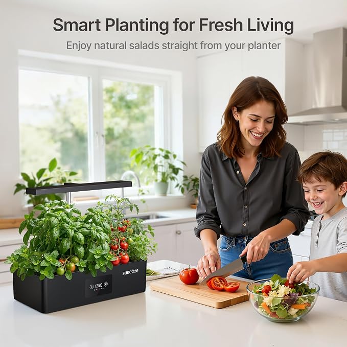 SUNCOZE Hydroponics Growing System Kit with 24W Dimmable LED Light, Black | 12 Pods Indoor Herb Garden with Timer & Local Time Setting, Adjustable Height, Smart Countertop Garden for Home & Kitchen