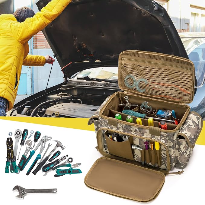 Rexmica Small Tool Bag with Anti-friction and Thick Padded Bottom, Tool Storage Organizer for Men, Tactical Range Bag, Multi-functional Work Bag for Repairman, Electrician, Carpenters (Camo)