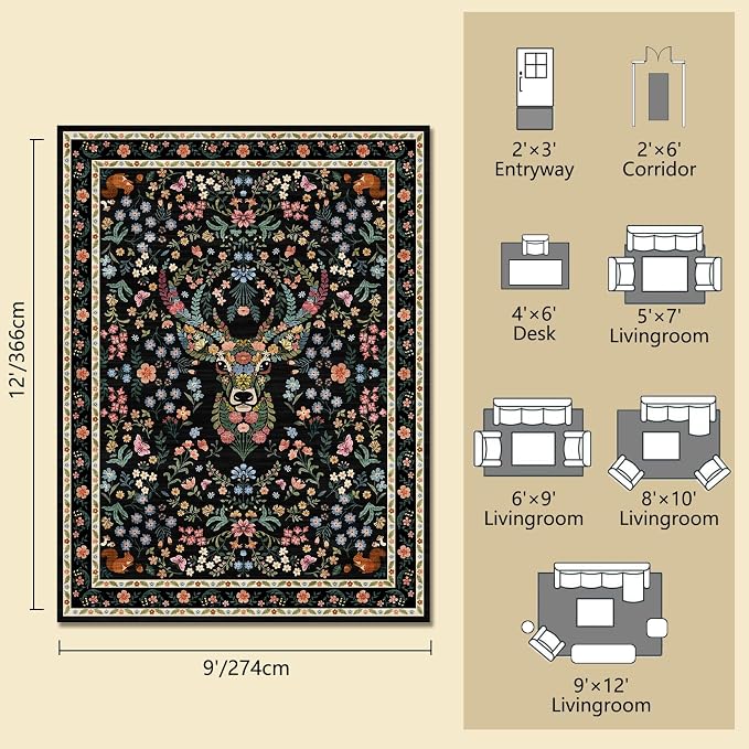 Area Rug Vintage Floral Deer Pattern 9x12 - Bohemian Forest Animal Carpet with Squirrel & Butterfly, Soft Decorative Area Rug for Living Room Bedroom Home Decor