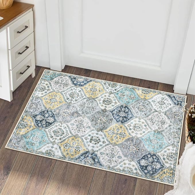 ROYHOME Washable Area Rug Moroccan Trellis Entryway Rug Doormat, 2' x 3' | Stain Resistant Non-Slip Accent Rug Vintage Medallion Distressed Floor Carpet for Front Entrance Kitchen, Blue/Yellow