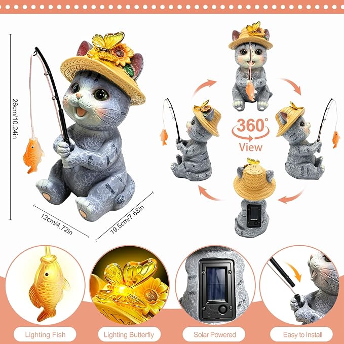 Solar Garden Outdoor Cat Statues with Butterfly, Fishing Cat Figurine Solar Lights Waterproof, Housewarming Birthday Gifts for Cat Lovers Mom Women, Lawn Home Decor for Patio Balcony Yard Ornaments