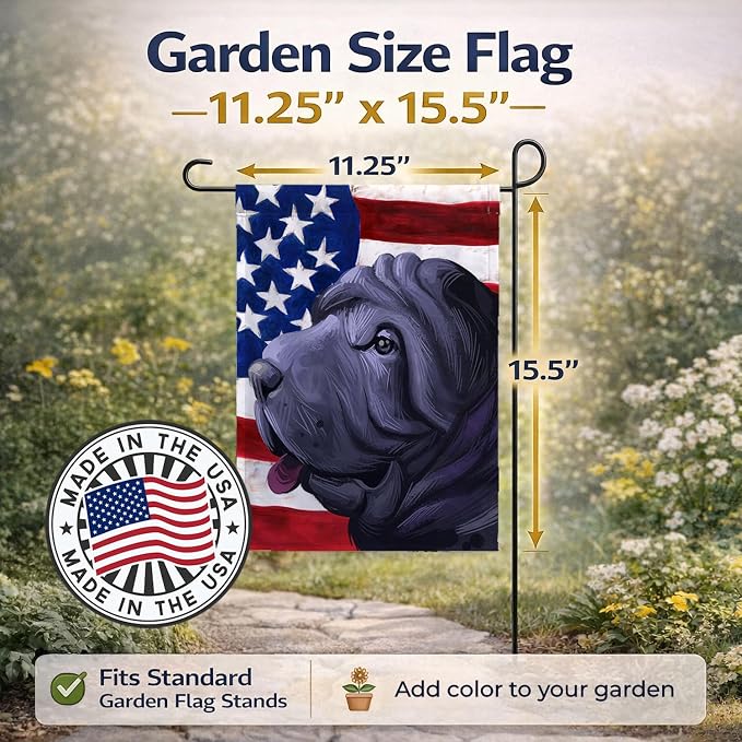 Caroline's Treasures CK6620GF Miniature Shar Pei Dog American Flag Garden Flag Mailbox Flag Decorative Yard Flag Banner Outside Patio Artwork Yard Flower Beds, Garden Size, Multicolor