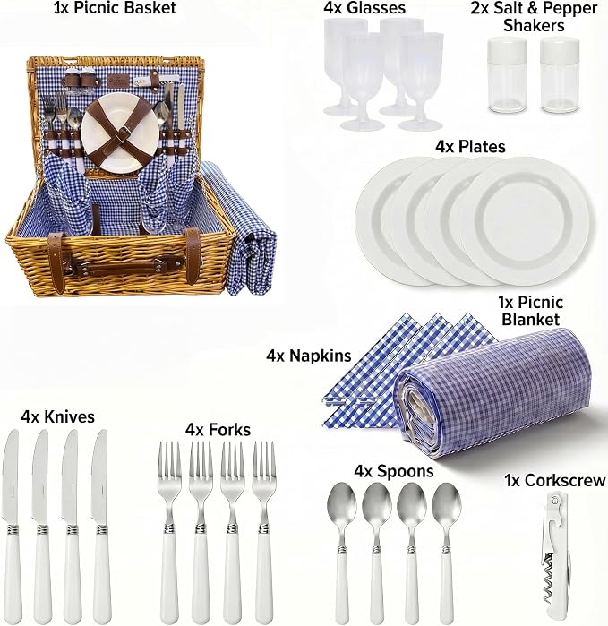 Multifunctional Wicker Picnic Basket Set for 4 Blanket Family Folding Wine Table,Insulated Portable Extra Big Storage Capacity Woven Rattan Canasta De Full Tablewares Camping Outdoor Flowers Blue