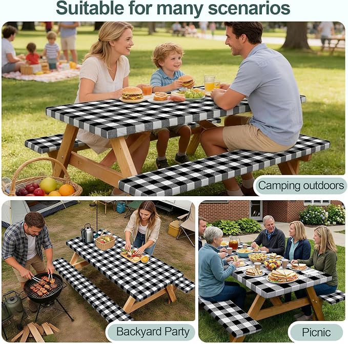 Play Tailor Picnic Table Cover with Bench Covers Camping Essentials Waterproof Windproof Camping Tablecloth with Drawstring Bag, Fitted Rectangle Tables and Seats, 72in, White Black Checkered