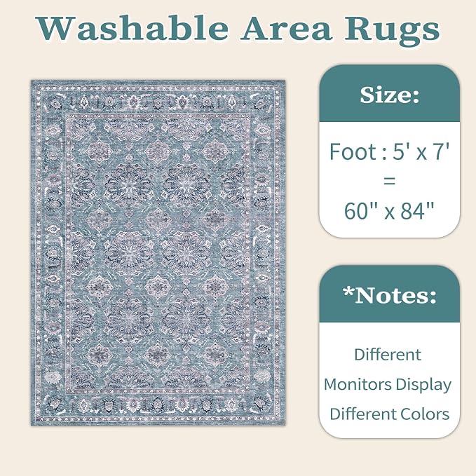 SERISSA 5x7 Washable Non Slip Floral Boho Area Rug for Living Room | Ultra Soft Vintage Floral Carpet Low-Pile Blue Grey Indoor Mat Throw Rug for Bedroom Dining Room Dorm Office Home Decor