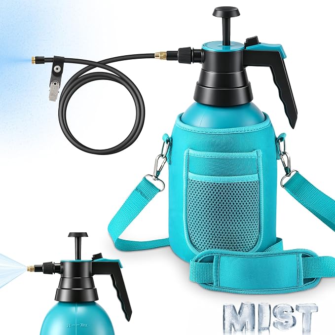 Aurelema Personal Mister, 2 in 1 Water Spray Bottle with 3.3ft Extend Mist Line/Neoprene Jacket/Strap, Portable Handheld Pump Spray Bottle for Outdoor Cooling, Hiking, Garden, Pet(Blue,2L)