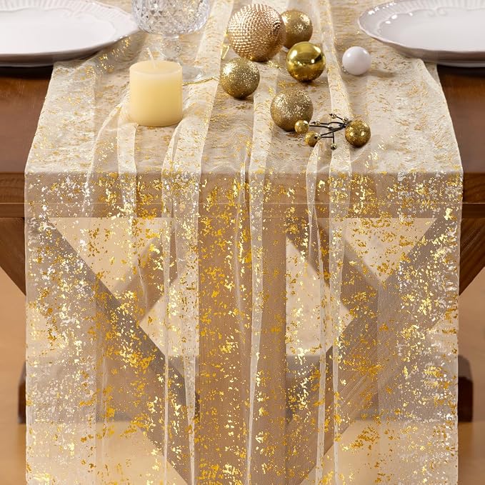 Socomi Gold Table Runner Gauze Tulle Sheer Glitter Metallic Foil Chiffon Cheesecloth Sequin 10FT Wedding Birthday Party Dining Anniversary Holiday Centerpiece Table Decor Beige 3pcs