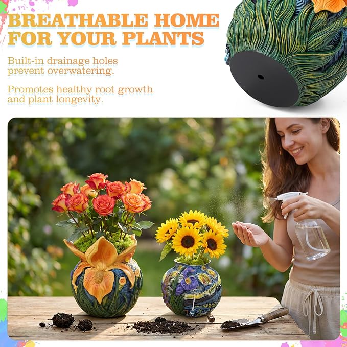 2 Pack Starry Night Planter Flower Plant Pots with Drainage Hole Cute Starry Sky Colorful Plant Pots Resin Decorative Planters for Indoor Outdoor Home Garden Art Floral Theme