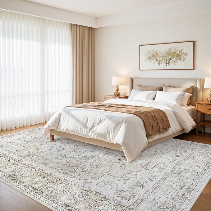 9x12 Washable Area Rugs for Living Room Beige White Non-Slip Rug | Vintage Medallion Rug，Soft Low Pile Large Rugs，Indoor Retro Carpet for Bedroom Nursery Dining Table Farmhouse Home Office