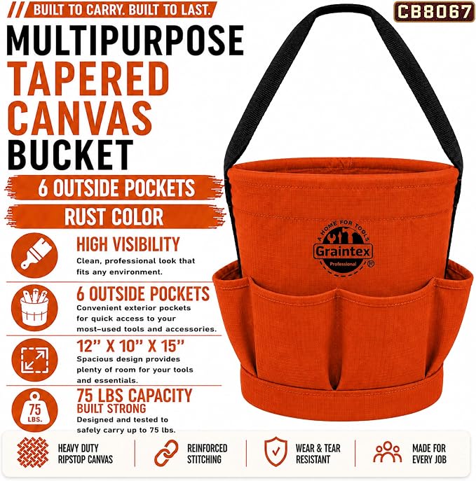 Graintex Tapered Canvas Bucket 12"x10"x15", Utility Tool Bucket 6 Pockets Outside, Reinforced Base & Carry Handle, Ripstop Canvas, Multi-Purpose Bag for Jobsite & Home Use - Rust