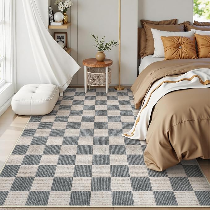 Machine Washable 5x7 Area Rugs for Living Room Checkered, Non Slip Soft Low Pile Geometric Modern Neutral Playroom Rugs for Bedroom Indoor, Large Carpet Rugs for Dining Room Kitchen(Grey, 5'x7')
