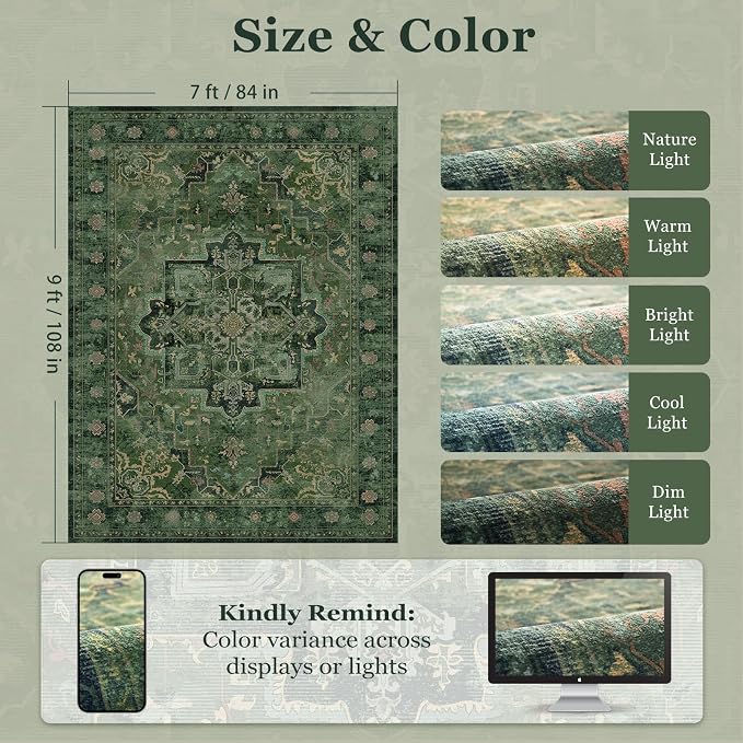 Retro Green Area Rug 7x9 for Living Room, Distressed Medallion Dining Room Rug Under Table, Washable Non Slip Thin Carpet Rugs for Bedroom Under Bed Home Office