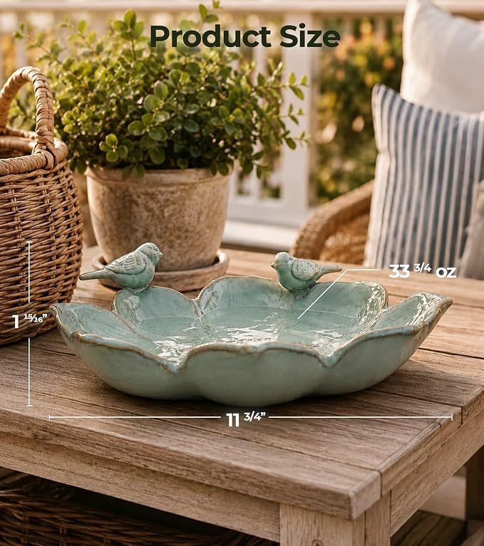 11.8" Ceramic Birdbaths for Outdoors | Bird Bath for Outside with Bird Figurines, Decorative Outdoor Bird Bath Bowl for Garden Decor, Gifts for bird lovers