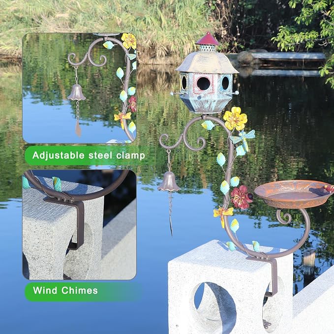 HLQMFHT Deck Bird Bath, Metal Bird Bath and Bird Houses, Decorative Deck Mounted Bird Baths, Detachable and Adjustable Sturdy Deck Bird Bath for Outdoor Porch Yard Garden Decoration