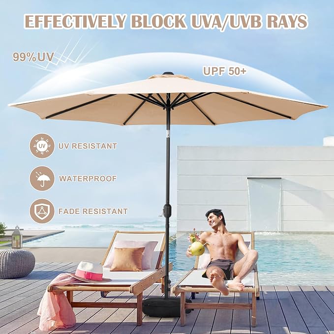 Sundale Outdoor 11 ft Patio Umbrella with Sand Bag Umbrella Base Included, Outdoor Umbrella with Tilt and Crank, Tan
