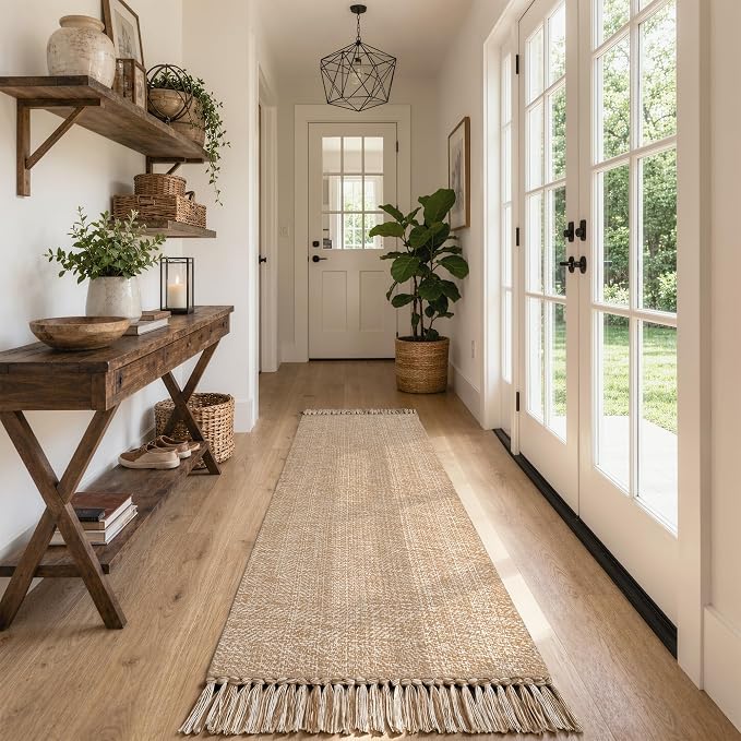 Long Hallway Runner Rug 2.6' x 8', Washable Runner Indoor Entryway Rug, Tan Braided Woven Kitchen Runner Rugs Low-Profile Front Door Floor Carpet for Laundry Room Bedroom Doorway | Tan/Cream Braided Woven Kitchen Runner Rugs, Low-Profile Front Door Flo...