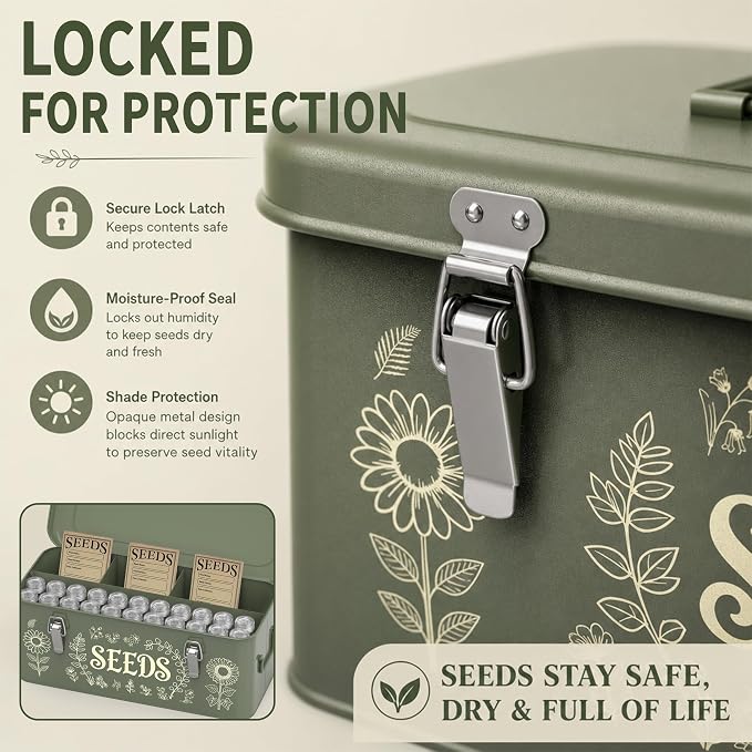 Metal Seed Storage Organizer, 4 Compartment Locking Seed Saving Box | Includes 30 Bottles & Envelopes, Dark Green Vintage Garden Seed Organizer for Flower Vegetable Heirloom Seeds