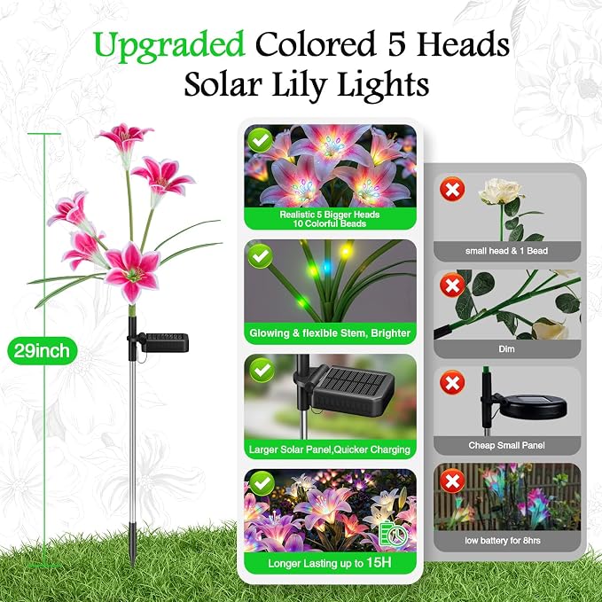Solar Lights Outdoor Garden Decor - 10 Pack Solar Flowers with 50 Heads Colorful Lily Lights & Glowing Stems, Brighter Waterproof Decorative Garden Lights for Yard, Patio, Flower Bed, Gifts