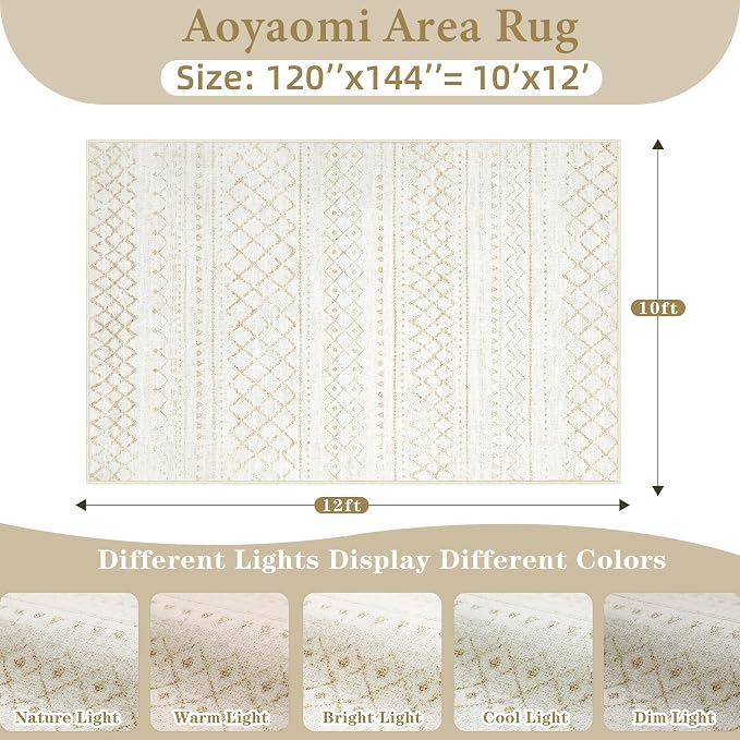 Area Rug for Living Room 10x12: Large Washable Boho Moroccan Rugs Geometric Neutral Rug, Non-Slip Foldable Morden Farmhouse Indoor Floor Carpet for Bedroom Dining Room Home Office（Beige,10'x12'）