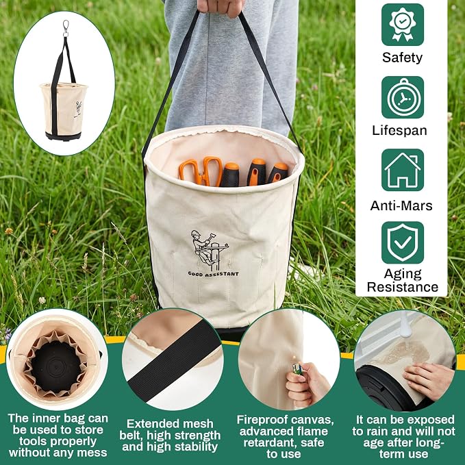 Heavy Duty Tool Canvas Bucket 12 x 12 x 9'' Tapered Wall Bucket Bag with 14 Inner Pockets, Thickened 14 Ounce Canvas, Plastic Bottom High Weight Load Capacity up to 100 Lbs (Printed)