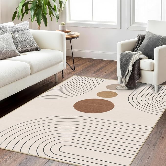 Boho Rug 4x6 Modern Geometric Minimalist Abstract Area Rug for Living Room Neutral Beige Mid Century Modern Contemporary Machine Washable Non-Slip Printed Low-Pile Carpet Dining Room Bedroom Office