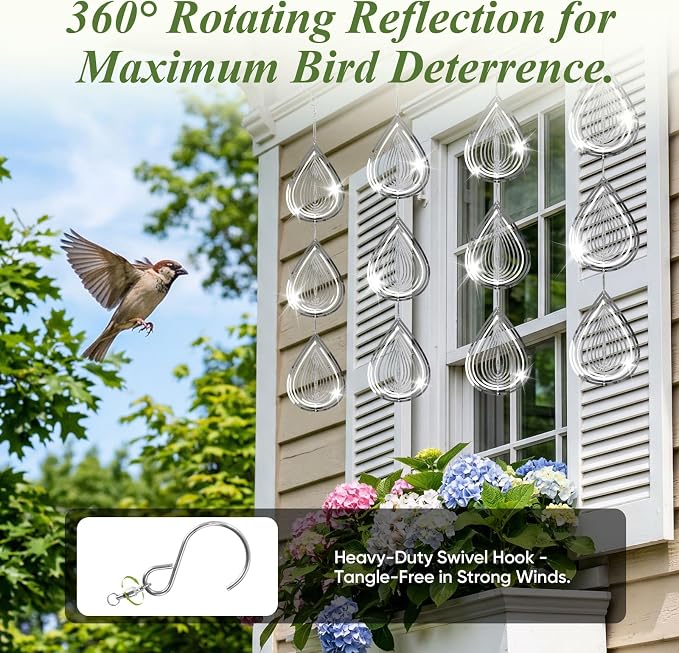 Stainless Steel Bird Deterrents for Outside, Reflective Wind Spinners | Reflective Stainless Steel Bird Scare Discs with 360° Swivel Hooks, 3D Hanging Bird Repellent for Garden, Patio, Balcony