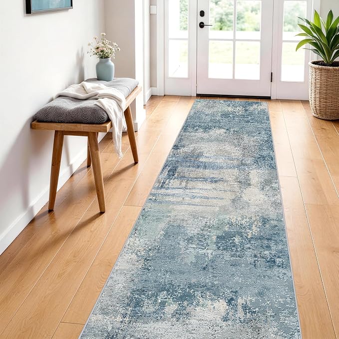 Abstract Rug Runners 2x8 Washable: Modern Rugs Non Slip for Kitchen Blue | Entryway Bedroom - Soft Stain Resistant Easy Clean - Indoor Low Pile Carpet for Family with Pets 2x8 Blue