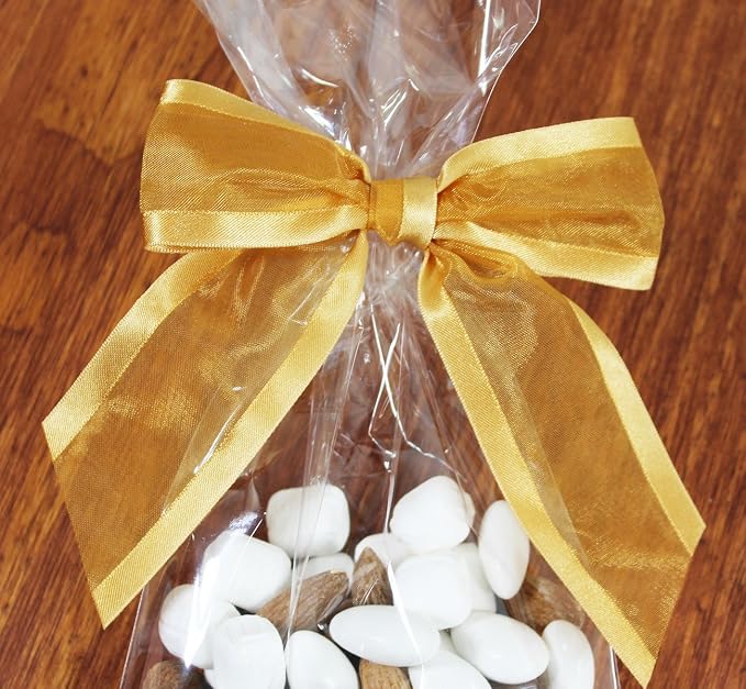 Gold Pre-Tied Organza Bows with Twist Ties. Pack of 12 Satin-Edged Fabric Bows Made of 1-1/2" Ribbon. Bow Measures 4" Wide (12, Gold)