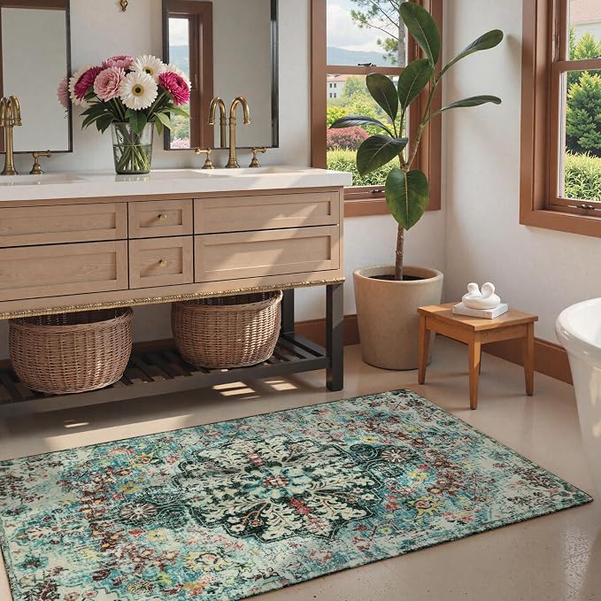 Lahome Reine Bohemian Floral Medallion Area Rug - 3x5 Washable Bedroom Rug Entryway Mat, Non Slip Pet Friendly Turkish Nursery Carpet for Kitchen Sink Camper Couch Living Dining Room Office Hardwood