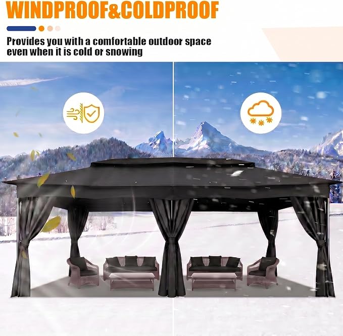 COBIZI Gazebo 12x20 FT Outdoor Gazebo on Clearance with Double Ventilated Arc Roof, Privacy Curtains & Mosquito Netting, Easy Set up Canopy Tent with Stable Metal Frame for Patio Black