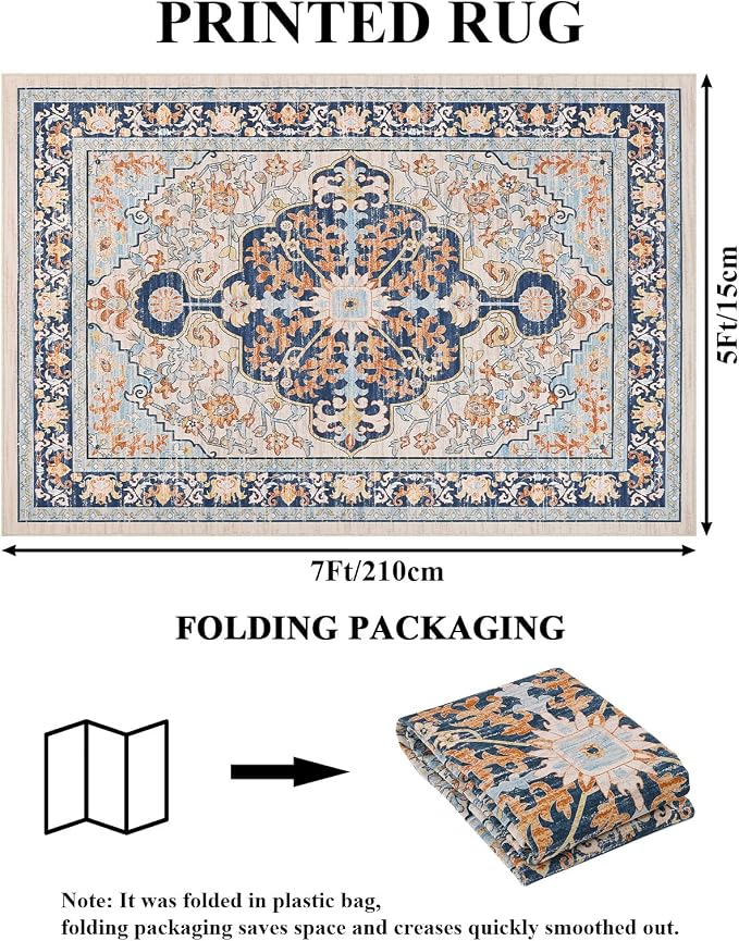 U'Artlines Boho Vintage Area Rug 5x7 Machine Washable Carpet, Orange Blue | Low Pile, Non Slip, Ultra-Thin Soft Floor Carpet, Accent Rug for Living Room Bedroom Entryway Dining Room Office