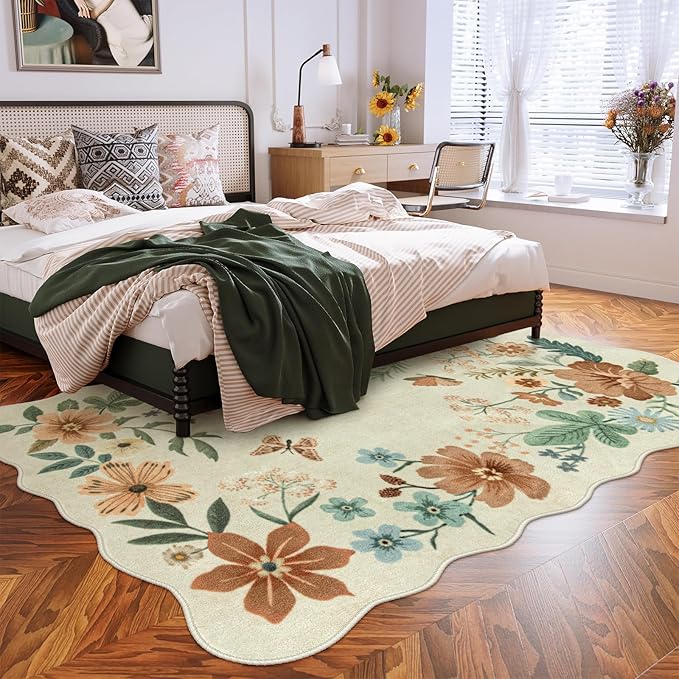 Lahome Floral Washable Living Room Rug, 5x7 Area Rugs for Bedroom Soft | Dining Room Rug Ultra-Thin Non Slip Stain Resistant Boho Low-Pile Throw Carpet for Office Flore (5x7ft, Beige)