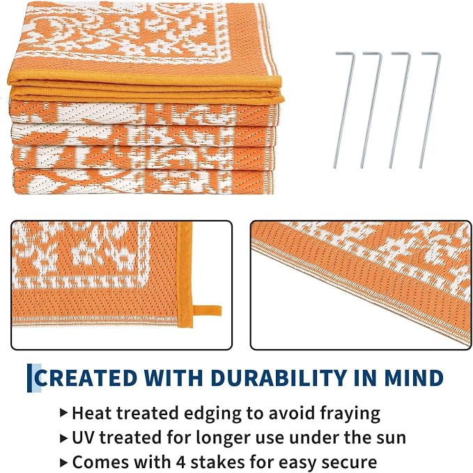 Garvee Outdoor Rug 9x12, Waterproof Reversible Foldable Plastic Straw Rug, Botanical cottagecore Outdoor Rugs Patio Camping RV Carpet for Deck Camper Porch Balcony Backyard Picnic Beach Orange