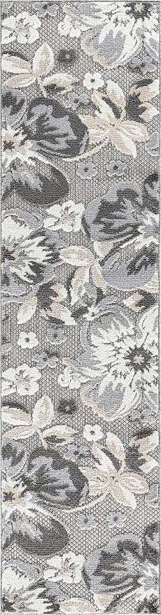 Rugshop Bergamo Contemporary Floral Non-Shedding Easy Cleaning Patio Deck Backyard Indoor/Outdoor Runner Rug 2' 7" X 6' Gray