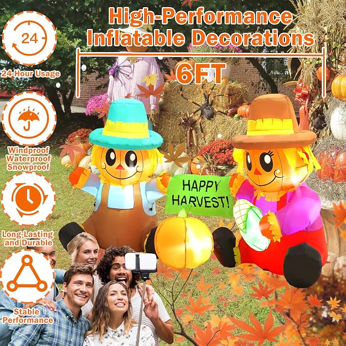 6FT Long Fall Inflatables Outdoor Decorations, Inflatable Scarecrow and Pumpkin, Built-in LED Fall Autumn Harvest Thanksgiving Inflatables Blow Ups for Outside Yard Garden Lawn