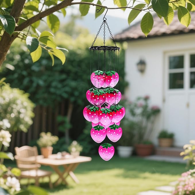 Glass Strawberry Wind Chimes - Hand-Painted Glass Strawberry Suncatcher for Window,Outdoor Garden Decor,Colorful Strawberry Ornaments Hanging Wall Art for Patio,Unique Memorial Gifts for Women & Mom