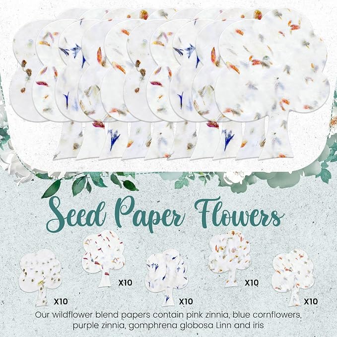 Dunzoom 50 Pcs Handmade Seed Paper Plantable Wildflower Seed Paper Recycled Flower Petals Tags Wedding Favors for Guests Craft Gifts Cards for Envelope Birthday Party, 5 Styles (Tree Shape)